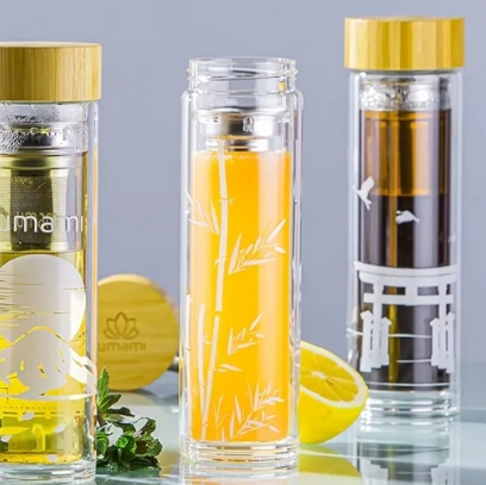 Glass Tea Infuser Bottle with Bamboo Lid - Clear and Yellow